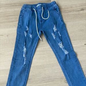 Blue Skinny Distressed Jeans with Drawstring Waist